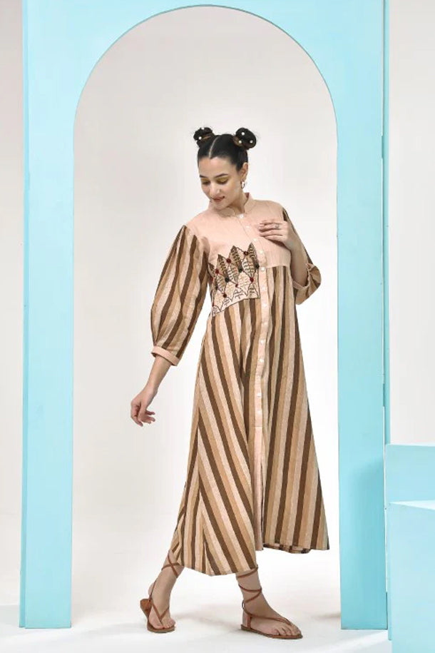 Women's Ribbed Brown Striped Midi Dress with Fringe Detail