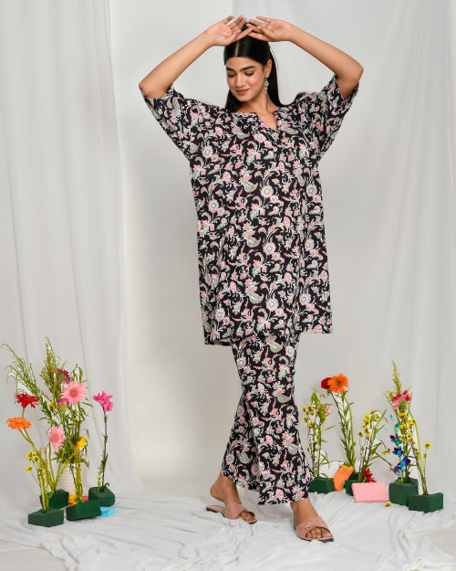 Black Floral Print Coord Set Shirt And Trousers main image 1
