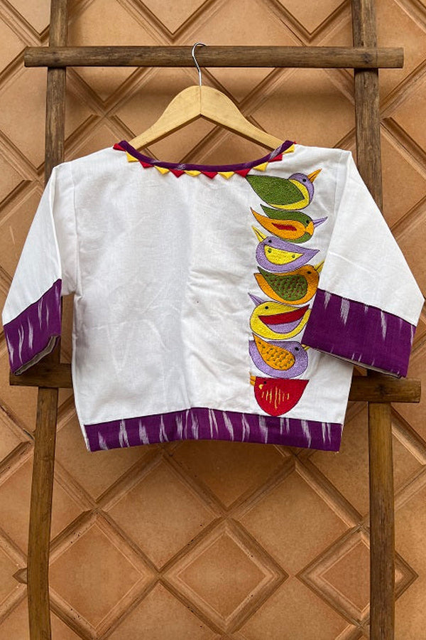 Purple White Ikkat Embroidered Blouse