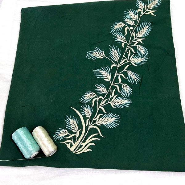 BOTTLE GREEN EMBROIDERED COTTON BLOUSE MATERIAL  - thesaffronsaga