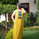 Yellow Sleeveless Kaftan Style Nighty With Ajrakh Patchwork  - thesaffronsaga