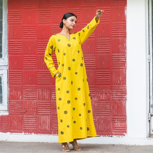 Yellow Ajrakh Embroidery Kaftan Style Nighty  - thesaffronsaga