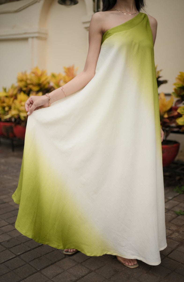 Lime Light Green Ombré One-Shoulder Maxi Dress