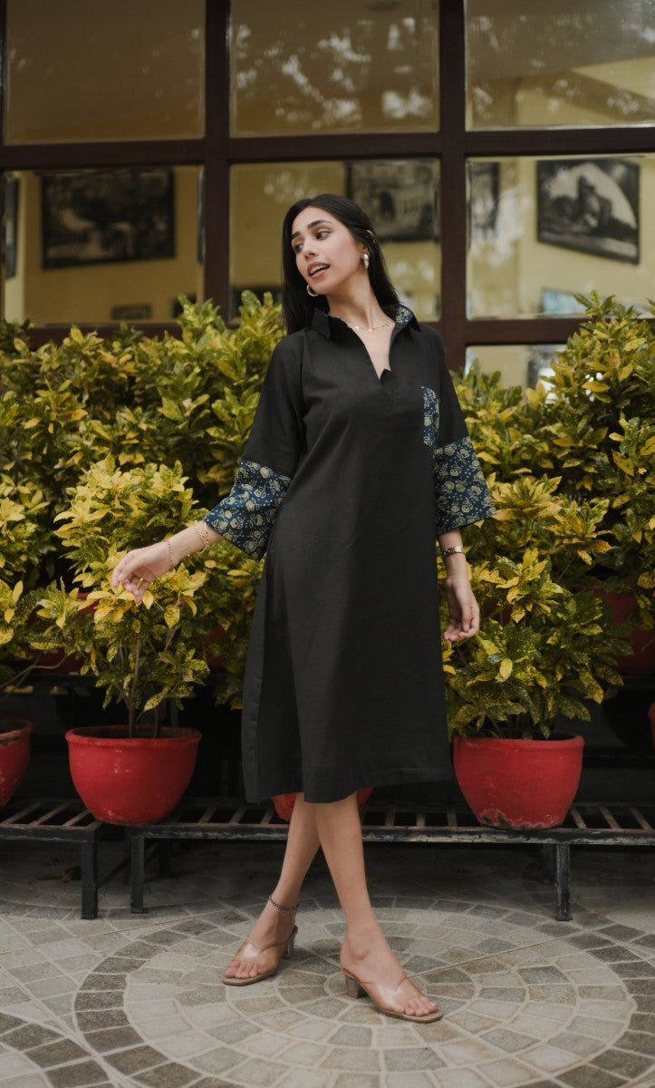 Black Cotton Midnight Charm Kafty Dress