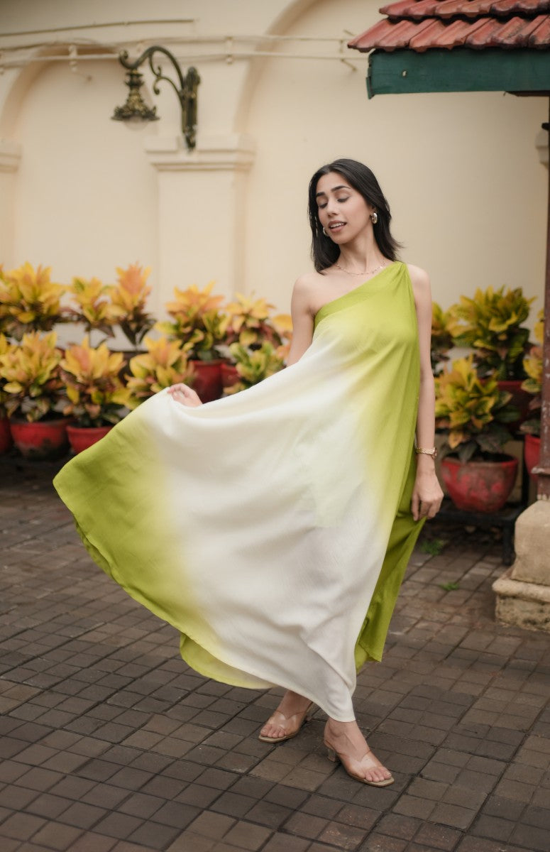 Lime Light Green Ombré One-Shoulder Maxi Dress