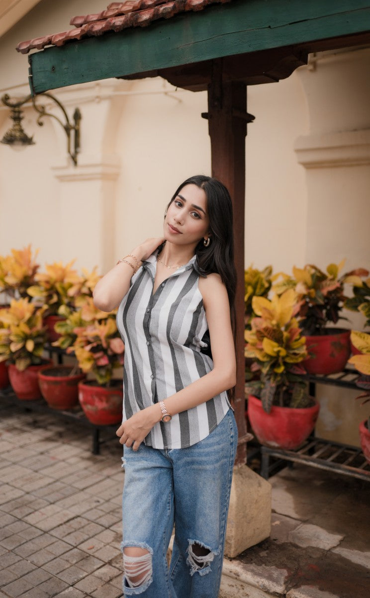 Charcoal Grey Striped Cotton Halter Shirt Top