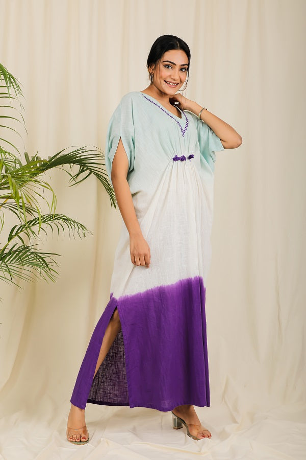 Blue Ombre Dyed Hand Embroidered Kaftan  - thesaffronsaga