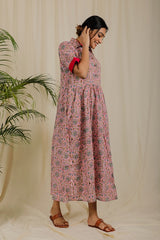 Blush Pink Floral Block Print Dress  - thesaffronsaga