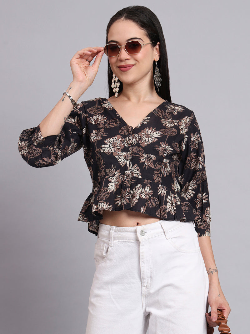 Midnight Bloom V-Neck Peplum Top