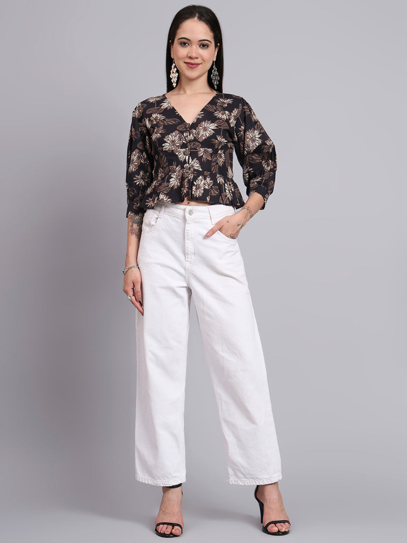 Midnight Bloom V-Neck Peplum Top