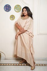 Beige Golden Silk Hand Embroidered Mid Length Luxury Kaftan
