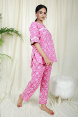 Candy Pink Block Print Pyjama Set  - thesaffronsaga