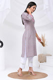 Grey Pink Floral Print Cotton Kurta