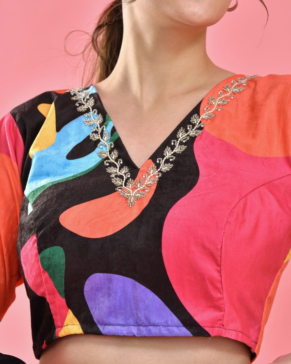 Multicoloured Abstract Hand Embroidered Velvet Blouse
