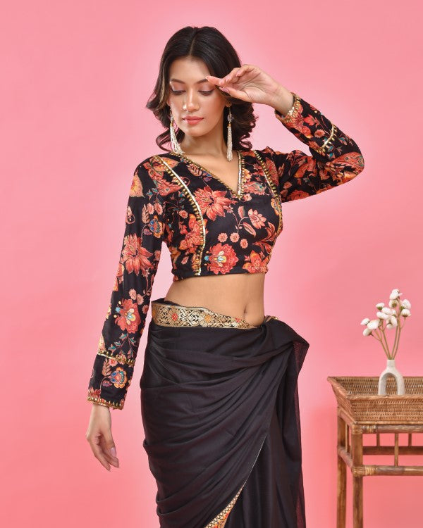 Black Hand Embroidered Velvet Blouse