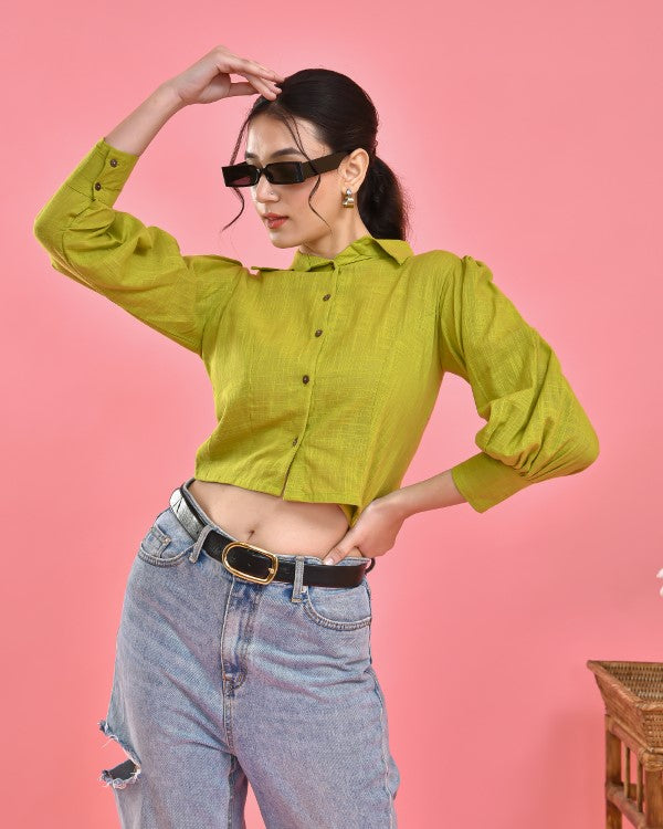 Lime Green Collared Shirt Crop Top Blouse