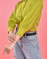 Lime Green Collared Shirt Crop Top Blouse