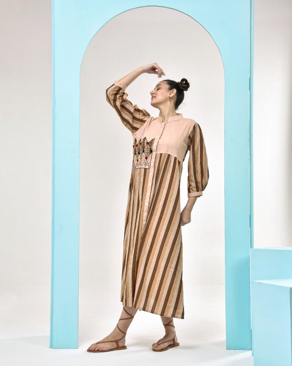 Brown Beige Striped Midi Dress