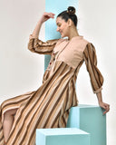 Brown Beige Striped Midi Dress