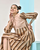Brown Beige Striped Midi Dress