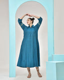 Peacock Blue Embroidered Cotton Midi Dress