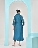 Peacock Blue Embroidered Cotton Midi Dress