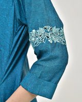 Peacock Blue Embroidered Cotton Midi Dress