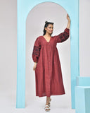 Rust Maroon Embroidered Cotton Midi Dress