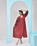 Rust Maroon Embroidered Cotton Midi Dress