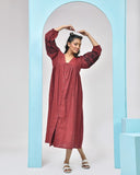Rust Maroon Embroidered Cotton Midi Dress