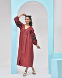 Rust Maroon Embroidered Cotton Midi Dress