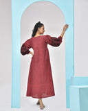 Rust Maroon Embroidered Cotton Midi Dress