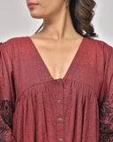 Rust Maroon Embroidered Cotton Midi Dress