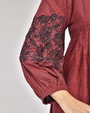 Rust Maroon Embroidered Cotton Midi Dress