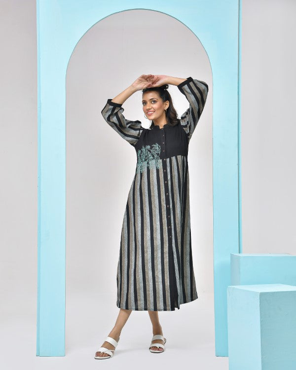 Black Grey Striped Midi Dress