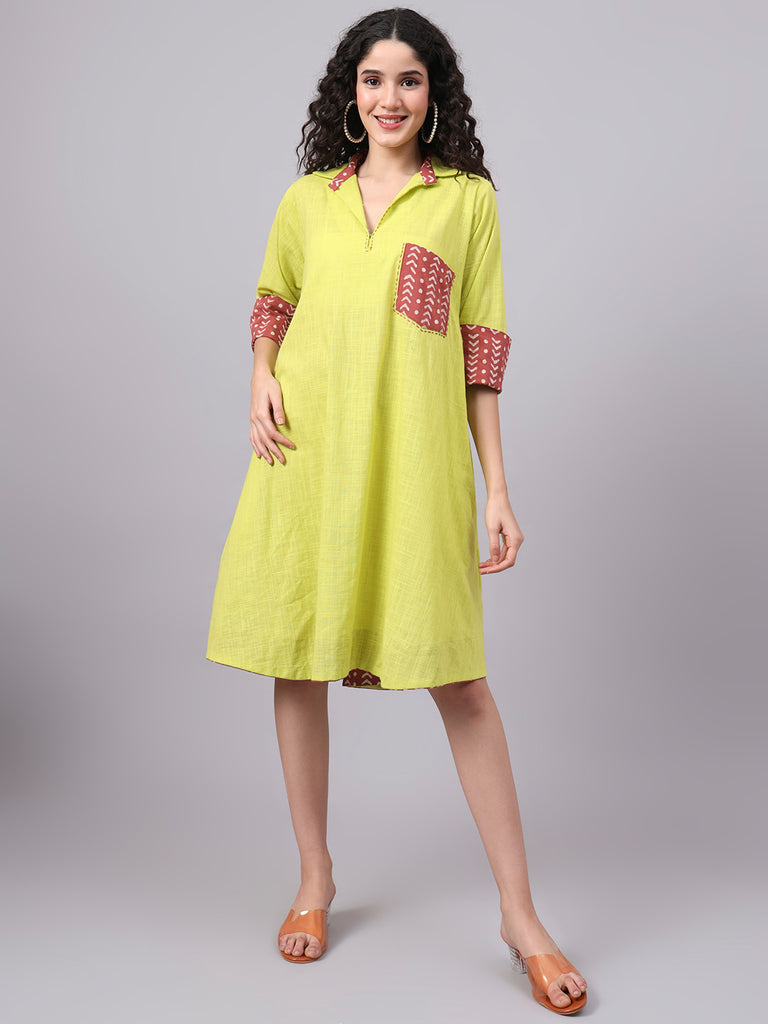 Women's Lime Green Collared A-Line Cotton Dress | The Saffron Saga thesaffronsaga Women's Lime Green Collared A-Line Cotton Dress | The Saffron Saga thesaffronsaga