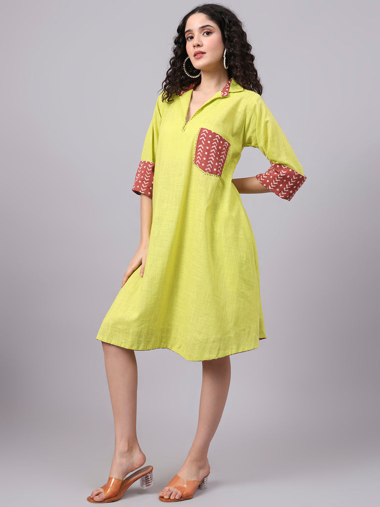 Women's Lime Green Collared A-Line Cotton Dress | The Saffron Saga thesaffronsaga Women's Lime Green Collared A-Line Cotton Dress | The Saffron Saga thesaffronsaga