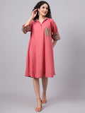 Women’s Coral Pink & Beige Collared A-Line Cotton Dress | The Saffron Saga