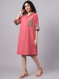 Women’s Coral Pink & Beige Collared A-Line Cotton Dress | The Saffron Saga
