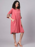 Women’s Coral Pink & Beige Collared A-Line Cotton Dress | The Saffron Saga
