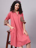 Women’s Coral Pink & Beige Collared A-Line Cotton Dress | The Saffron Saga