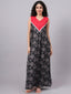 Sleeveless Floral Block Print Cotton Night Kafty – Black & Red with Lace Detail
