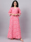 Pink Floral Print Cotton Night Kafty with Flared Sleeves