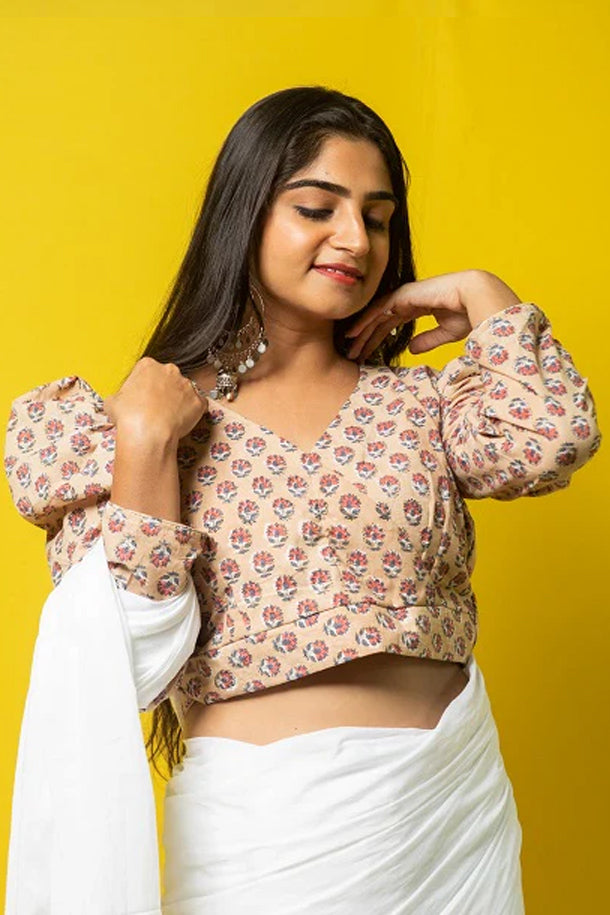 Beige Floral Block Printed Cotton Blouse