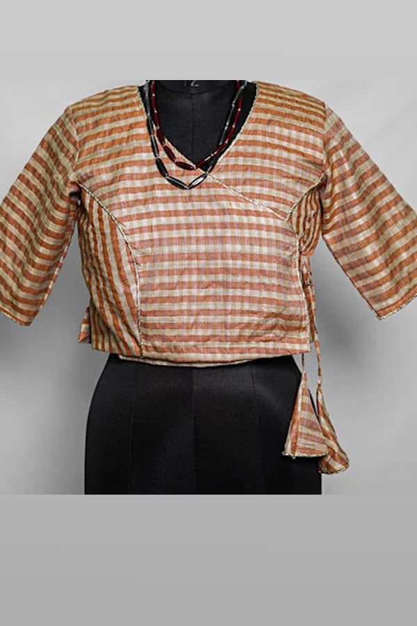 Beige Rust Striped Tussar Silk Overlap Crop Top Blouse
