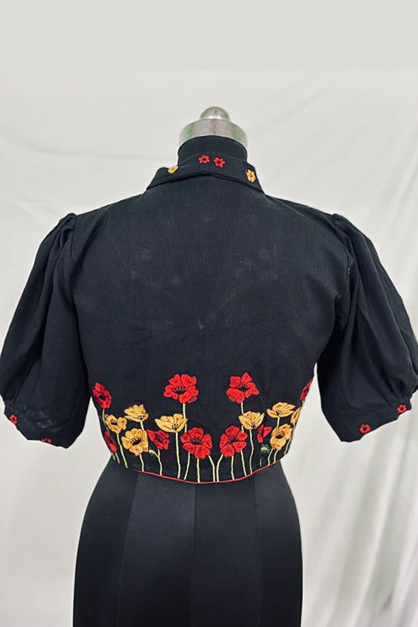 Black Floral Embroidery Collared Blouse