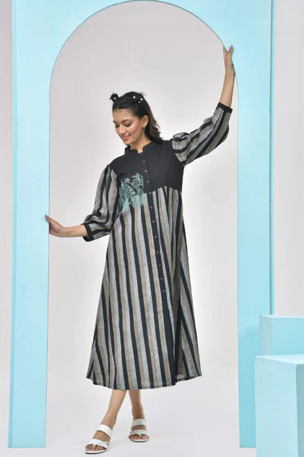 Black Grey Striped Midi Dress