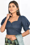 Blue Denim Puffed Sleeve Crop Top Style Blouse