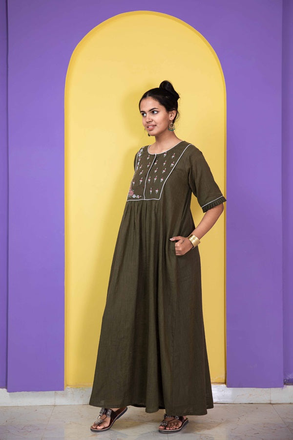 Mehndi Green Embroidered Night Dress
