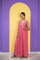 Coral Pink Embroidered Sleeveless Night Dress